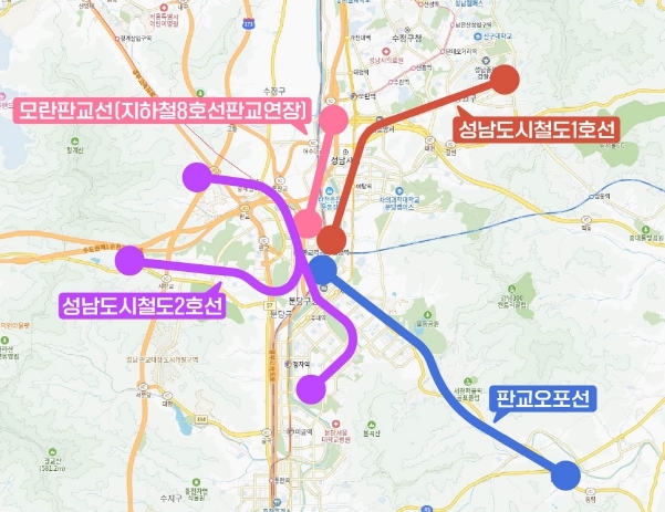 경기도 도시철도망 구축계획에 반영된 성남시 4개 도시철도 노선